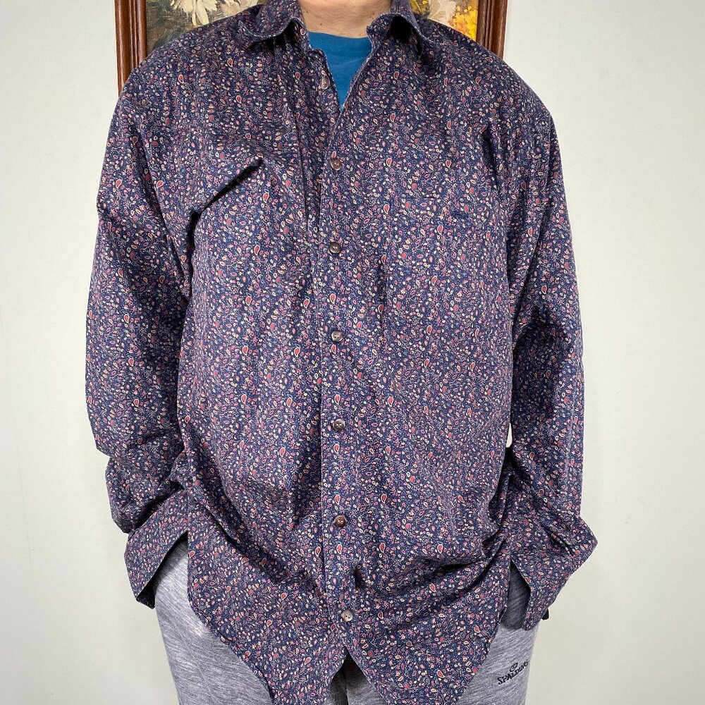 Vintage At Ease Button Up Shirt Top Men 1XL Tall Multicolor Abstract Casual VTG